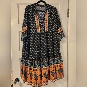 BloomChic BoHo midi Dress w/ tassels, pockets, Oversized, Loose, Colorful EUC 10